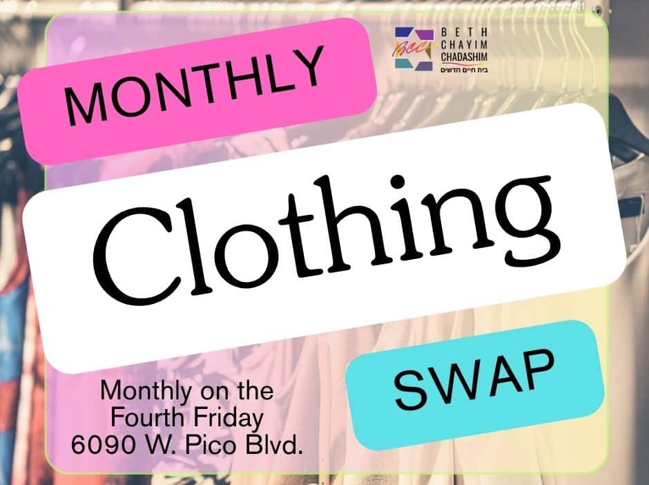 BCC Monthly Clothing Swap
Friday, December 26, 6:45 pm and after Shabbat services!

Join us before Shabbat for a clothing swap! A clothing swap provides an opportunity create a safe, affirming space for trans folks (and everyone!) to explore Shabbat-ready styles. Please bring gently used clean clothes in all sizes, as well as unopened/unused hair and makeup products. No sign up is necessary; we look forward to seeing you there!

#ClothingSwap #ClothingSwapLosAngeles #MutualAidLosAngeles #ClothingSwapLA #BCC #BethChayimChadashim #LGBT #LGBTQ #LGBTQIA #GayJews #LesbianJews #TransJews #QueerJews #JewishLA #LosAngeles