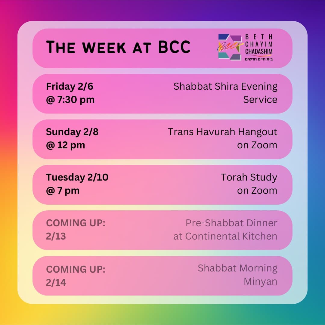 What can you look forward to at BCC this week?

✡️ Friday, February 6 at 7:30 pm: Shabbat Evening Service. In person and on Zoom. To register for Zoom, please see the calendar at bcc-la.org.

🏳️‍⚧️ Sunday, February 8 at 12 pm: Trans Havurah Hangout. On Zoom only. To register for Zoom, please see the calendar at bcc-la.org.

📖 Tuesday, February 10 at 7 pm: Torah Study. On Zoom only. To register for Zoom, please see the calendar at bcc-la.org.

#BCC #BethChayimChadashim #LGBT #LGBTQ #LGBTQIA #GayJews #LesbianJews #TransJews #QueerJews #JewishLA #LosAngeles